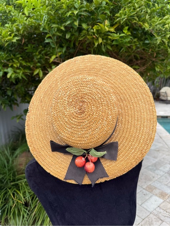 Accessories - Straw Sun Hat with Black Bow and Cherry Accent - Natural